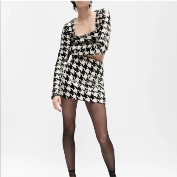 ZARA Black White Sequin Houndstooth Mini Skirt